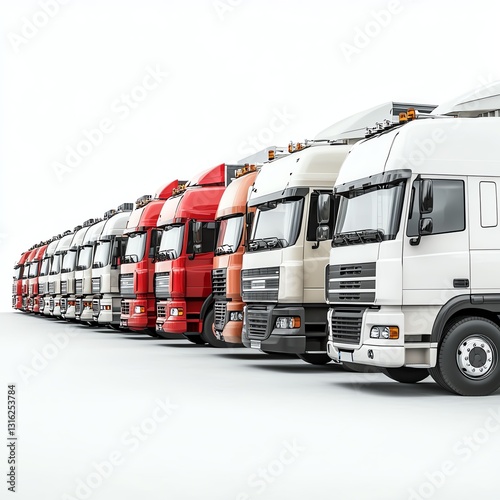 Diesel trucks in a row, white isolated background.