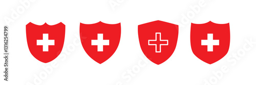 Shield with cross icon. Health protection shield with plus sign. Medicine shield icon.