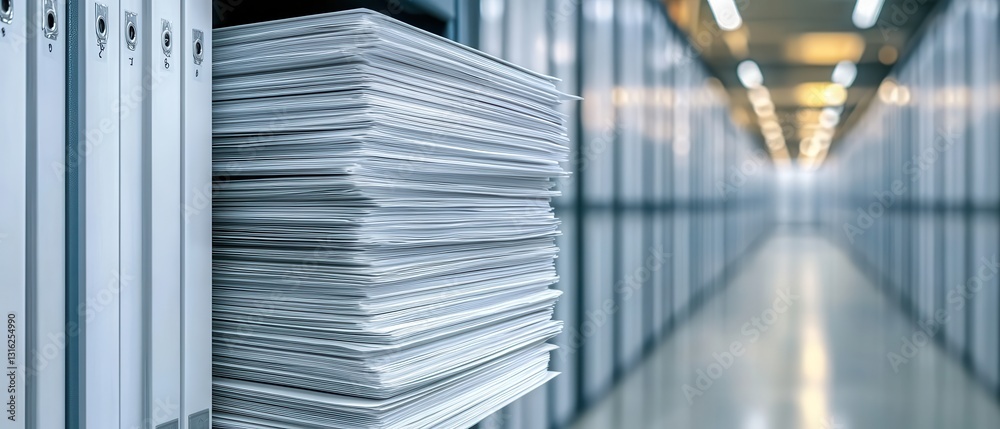 Obraz premium stack of documents is neatly organized in modern archive room, showcasing efficient storage solutions. well lit corridor emphasizes importance of document management in professional setting