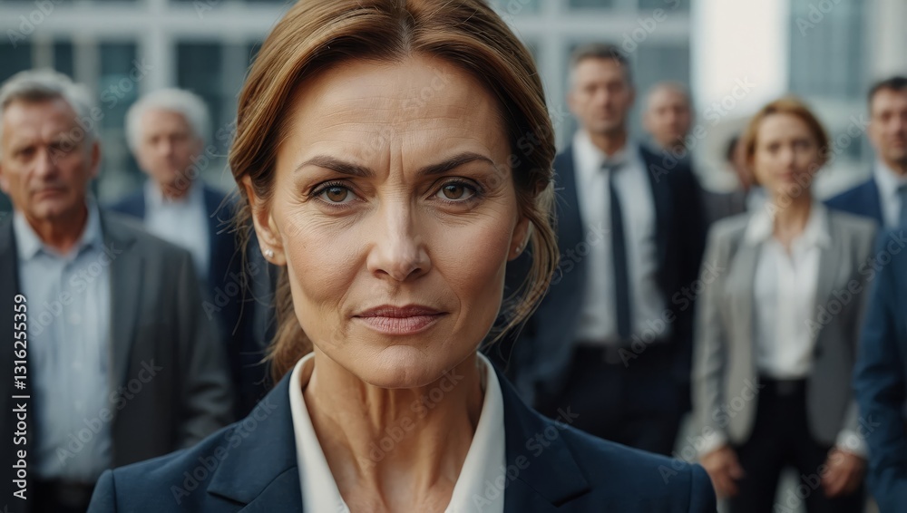 Beautiful middle aged woman on the background of business people Beautiful middle aged woman on the background of business people