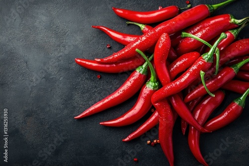 Fototapeta Naklejka Na Ścianę i Meble -  A pile of bright red chili peppers rests on a dark surface, showcasing their glossy texture and vibrant color, perfect for adding spice to dishes