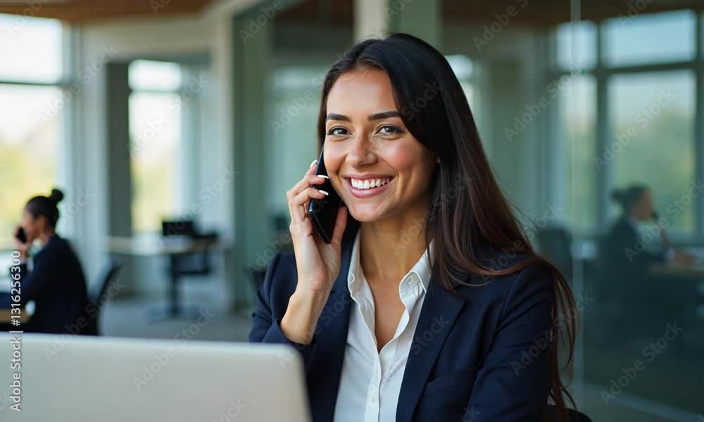 Young Latina Executive on a Business Call in a Modern Office Young Latina Executive on a Business Call in a Modern Office