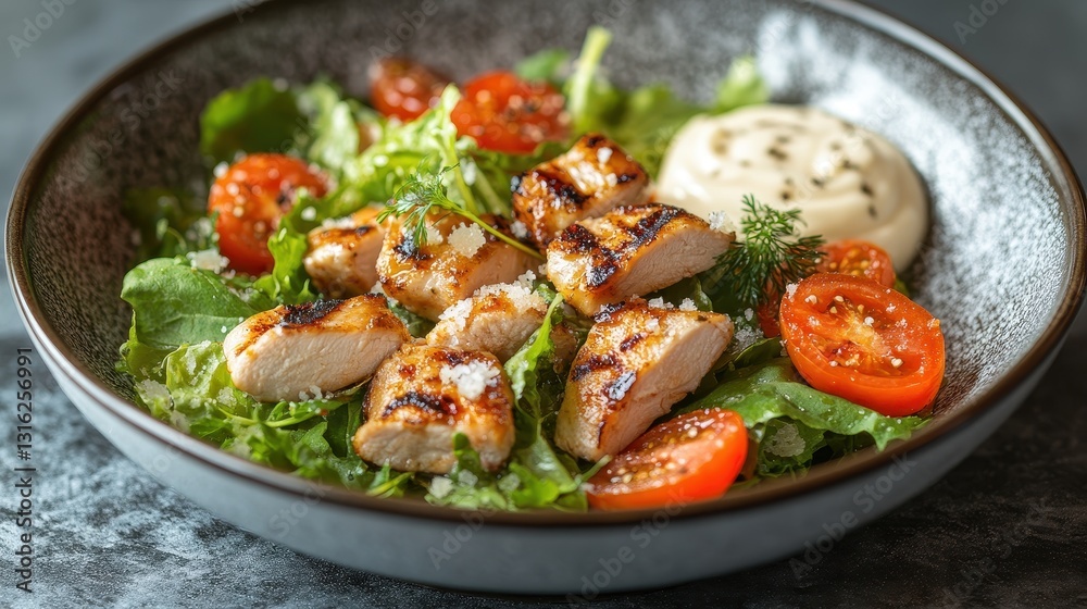 A vibrant symphony of flavors awaited in a pristine, ceramic bowl, where crisp romaine lettuce embraced a medley of cherry tomatoes, succulent grilled chicken fillet pieces, and the crunch of petite A vibrant symphony of flavors awaited in a pristine, ceramic bowl, where crisp romaine lettuce embraced a medley of cherry tomatoes, succulent grilled chicken fillet pieces, and the crunch of petite