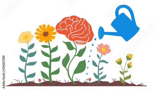 human brain growing flower watering can pouring water on the mind mental health concept positive attitude creative thinking illustration