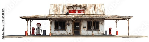 Old gas station, white isolate background