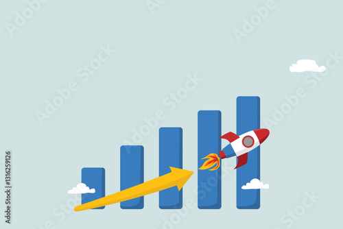 Exponential growth or compound interest, investment, wealth or earning rising up graph, business sales or profit increase concept, financial report graph with exponential arrow from flying rocket.