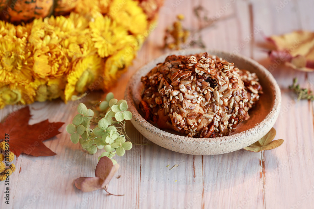 Flapjack cookies with seeds on the table.