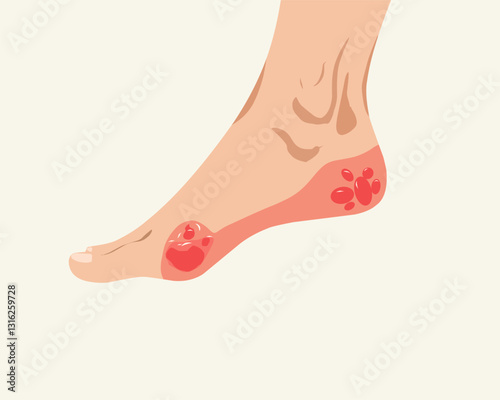 illustration of a diabetic foot with ulcers and infection. Medical concept depicting complications of diabetes, neuropathy, and poor circulation in the feet.