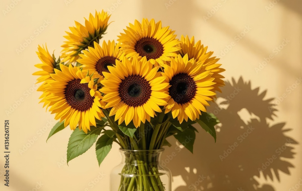 Fototapeta premium A vase filled with sunflowers on a beige background with sunlight and shadows