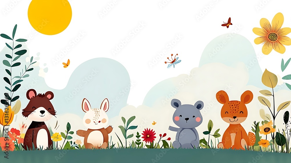 Naklejka premium Sunny Meadow Friends: A Charming Hand-Drawn Illustration AI Generated