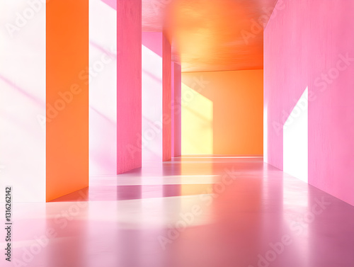 Pink-Orange Light and Shadow Geometric Corridor