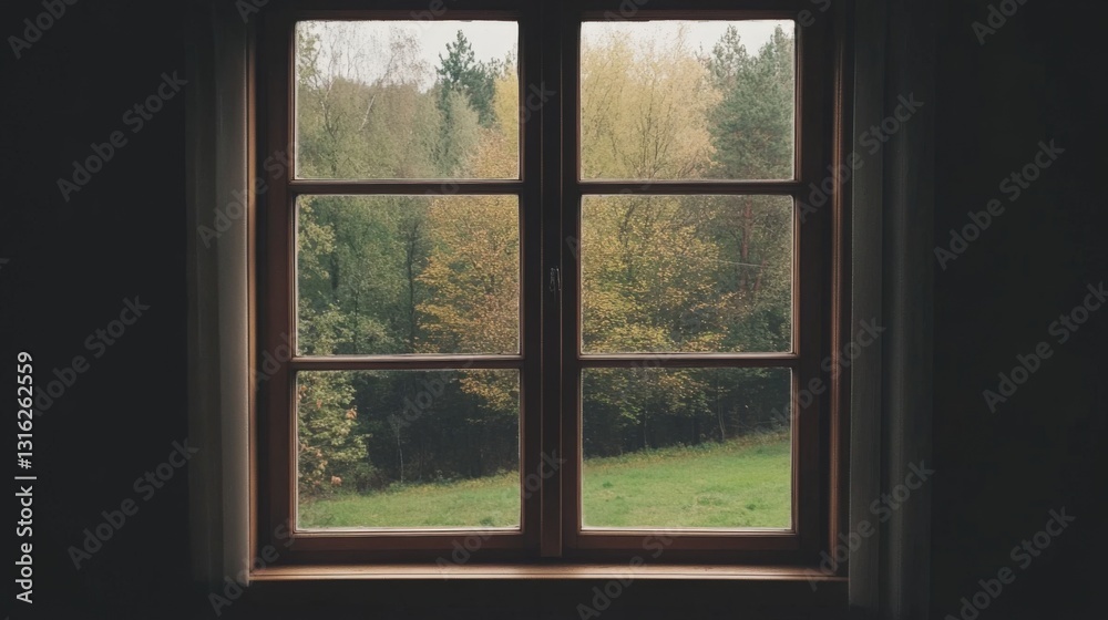 Wooden window overlooking autumnal forest Wooden window overlooking autumnal forest