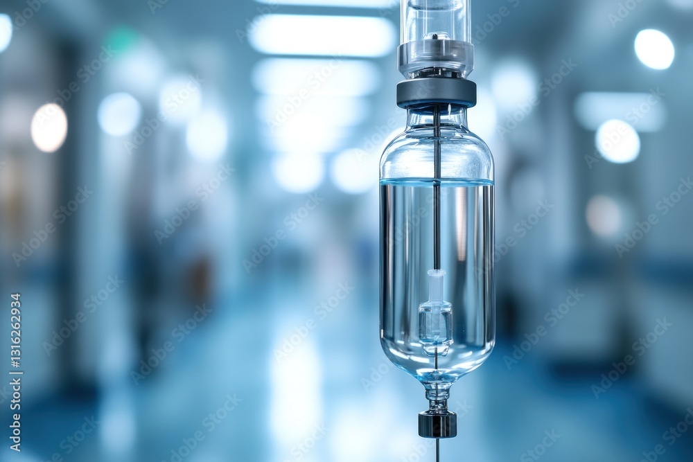 Close-up focus on an IV bag with clear liquid suspended in a hospital corridor. The background shows blurred medical activity