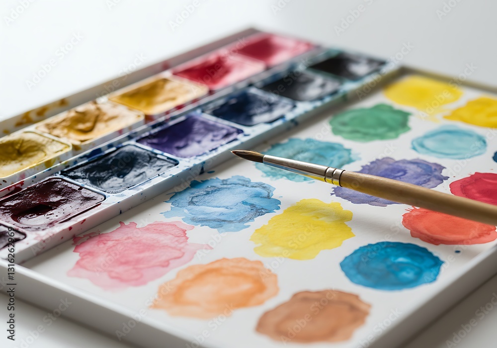 Obraz premium Watercolor Painting Palette with Brush and Vibrant Colors Closeup View