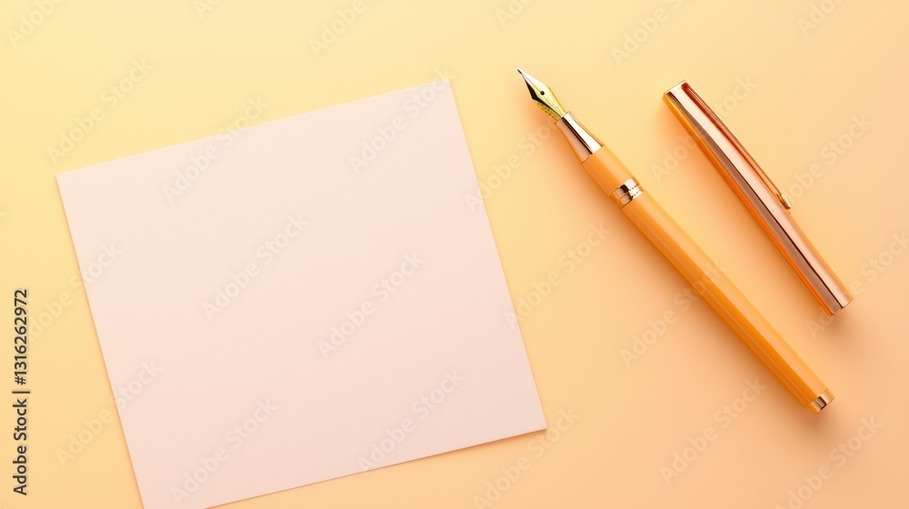 A blank square sheet of paper accompanied by a yellow pen and a metallic pen on a soft, pastel background. A blank square sheet of paper accompanied by a yellow pen and a metallic pen on a soft, pastel background.