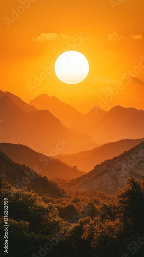 As the sun sets behind the majestic mountains, warm golden light envelops the landscape, creating a breathtaking silhouette and capturing the tranquility of twilight