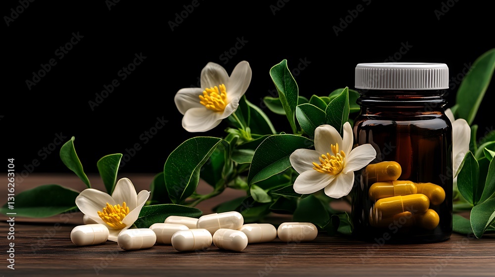 Herbal Supplements: Close-up Photography of Capsules and Blossoms on Dark Wood AI Generated Herbal Supplements: Close-up Photography of Capsules and Blossoms on Dark Wood AI Generated