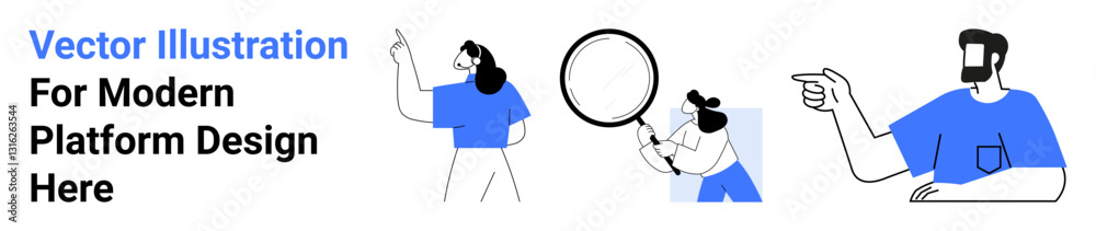 Three characters pointing, observing, and using magnifying glass, embodying collaboration, exploration, and analysis. Ideal for teamwork, innovation, research strategy guidance creativity flat Three characters pointing, observing, and using magnifying glass, embodying collaboration, exploration, and analysis. Ideal for teamwork, innovation, research strategy guidance creativity flat