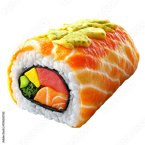 A Fluffy 3D Cartoon Sushi Roll with Soft Rice and Avocado Isolated on Transparent Background