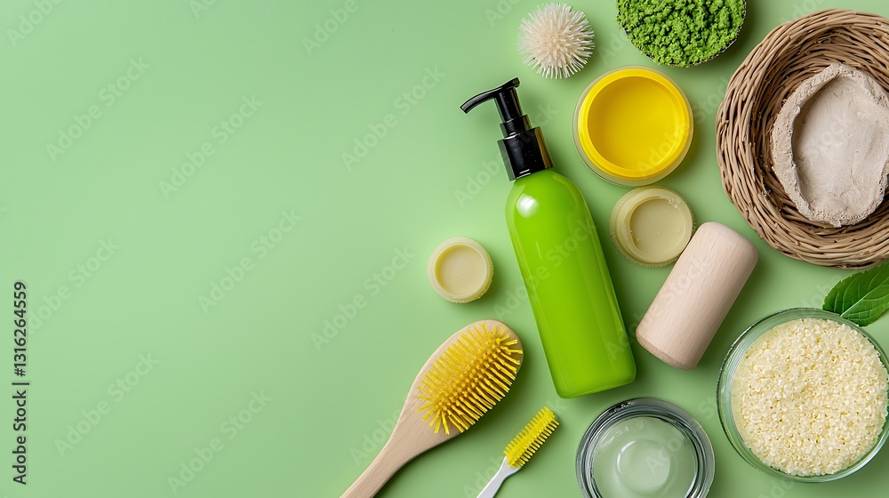 Naklejka premium Bright Green Background Bath Products Flatlay