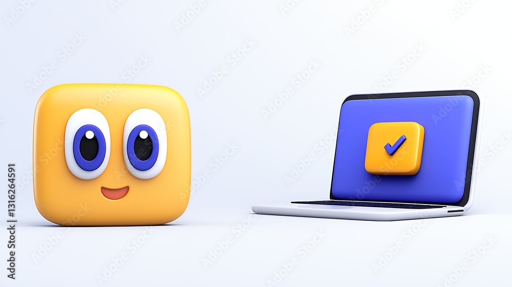 custom made wallpaper toronto digitalCheerful Yellow Square Cartoon and Blue Tablet with Checkmark on White Background