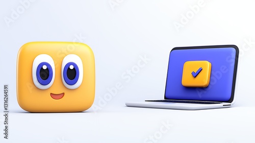 Wallpaper Mural Cheerful Yellow Square Cartoon and Blue Tablet with Checkmark on White Background Torontodigital.ca