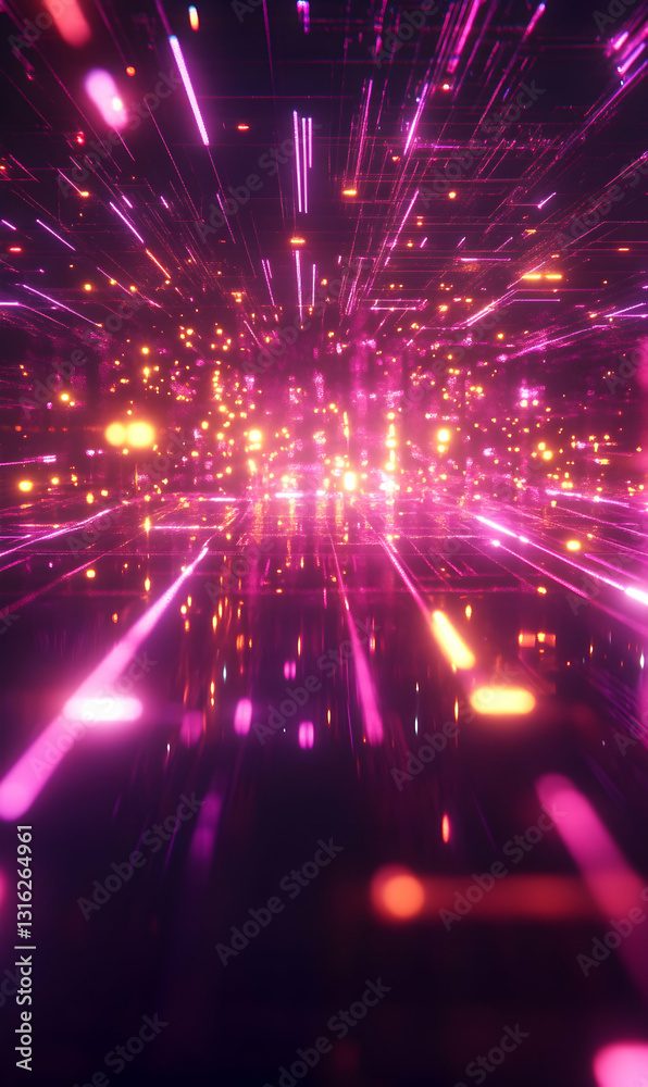 Fototapeta premium Abstract digital space with geometric shapes and blurred neon lights for futuristic visuals
