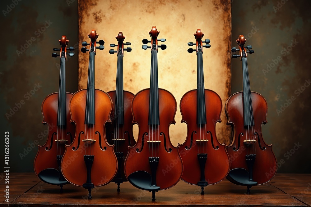 Fototapeta premium Collection of classic violins in artistic display