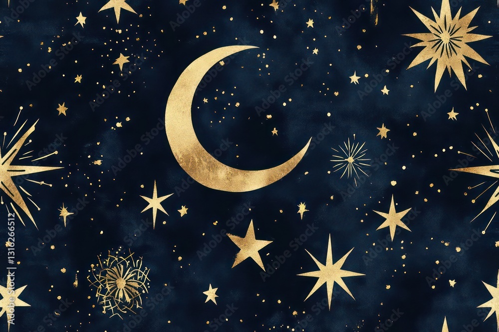 Obraz premium A whimsical pattern featuring the moon, stars, and comets in classic shades of navy and gold, perfect for space-themed designs.