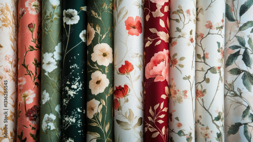 A vibrant display of floral patterned fabrics hanging in a well-lit studio, showcasing a variety of colors and designs for potential textile use A vibrant display of floral patterned fabrics hanging in a well-lit studio, showcasing a variety of colors and designs for potential textile use