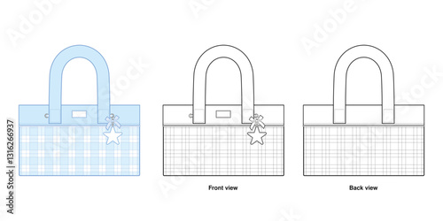 Plaid Charm Tote Bag Technical Fashion Illustration – Boxy Shoulder Bag Vector Template. Checkered Pattern Detail. Cute Star Charm Accent. Preppy Aesthetic. Women’s Accessories. CAD Mockup.