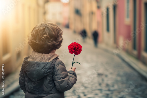 25 de Abril, dia da Liberdade. Translation: 25th of April, Freedom day of Portugal. Carnation Revolution of 1974. Kid holding red carnation flower. 