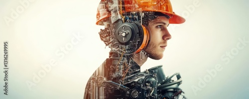 Portrait of Worker with Headphones and Futuristic Mechanical Elements