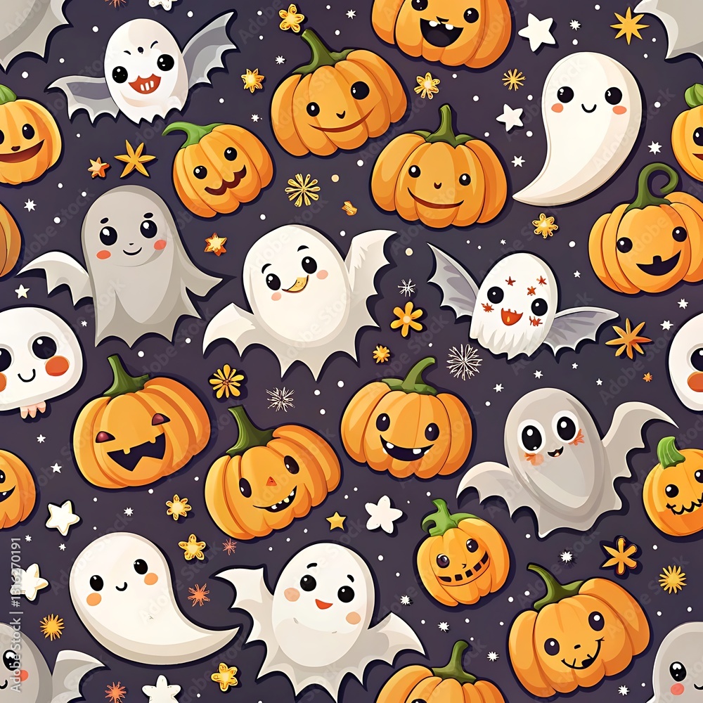 Halloween themed pattern of pumpkins and ghosts Halloween themed pattern of pumpkins and ghosts