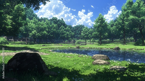 Serene Summer Forest Landscape with a Gently Flowing River