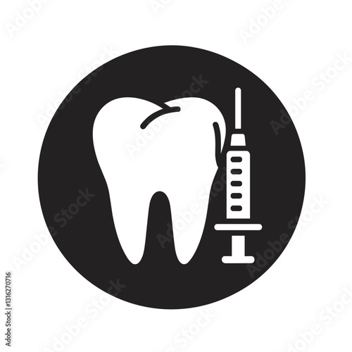 Tooth with syringe symbolizing dental treatment and anesthesia in a medical context