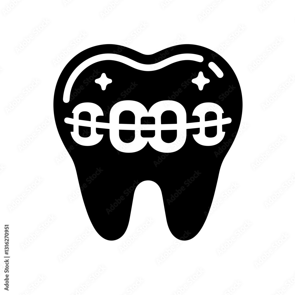 Obraz premium Tooth with braces and sparkling stars indicating orthodontic treatment