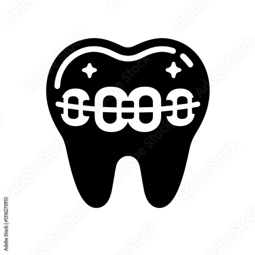 Tooth with braces and sparkling stars indicating orthodontic treatment