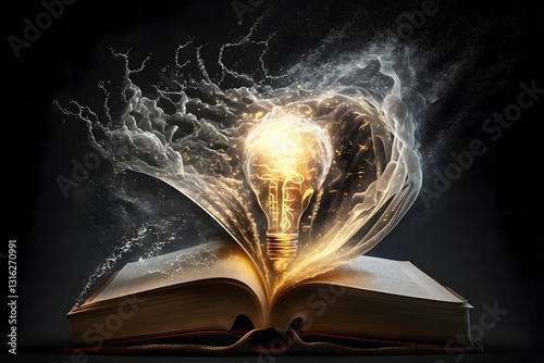 Conceptual illustration of a book surrounded by a storm of creative ideas and artistic inspiration in a chaotic environment