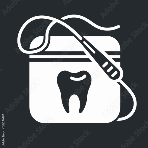 A container with dental floss and an image of a tooth indicating oral hygiene on a dark background