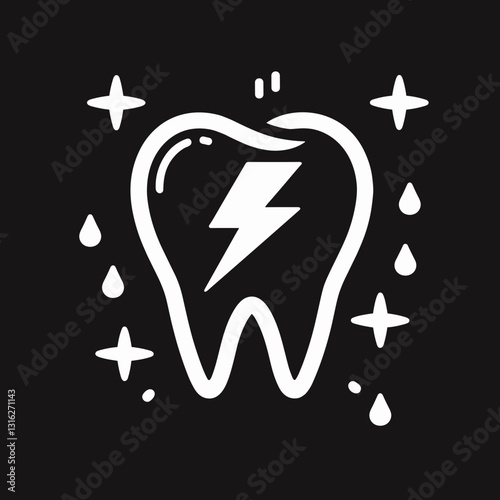 Tooth with a lightning bolt indicating pain surrounded by stars and droplets on a dark background