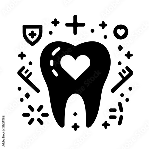 Stylized tooth with heart symbol and decorative elements 