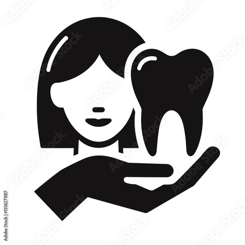 Woman holding a tooth in her hand, emphasizing dental care on a white background