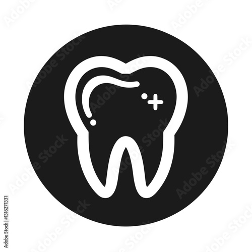 Tooth with a plus symbol in a circular design representing positive dental health and care
