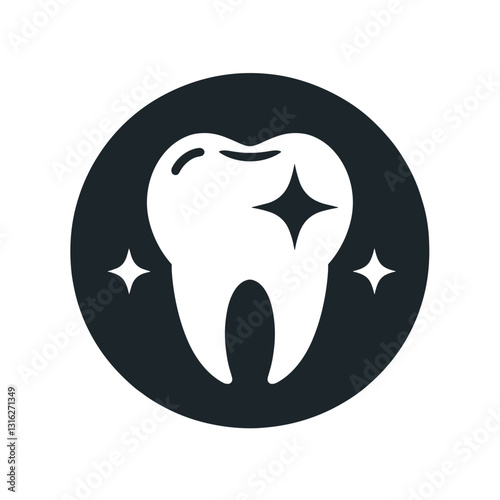 Shiny tooth with sparkles in a circular design representing cleanliness and oral hygiene