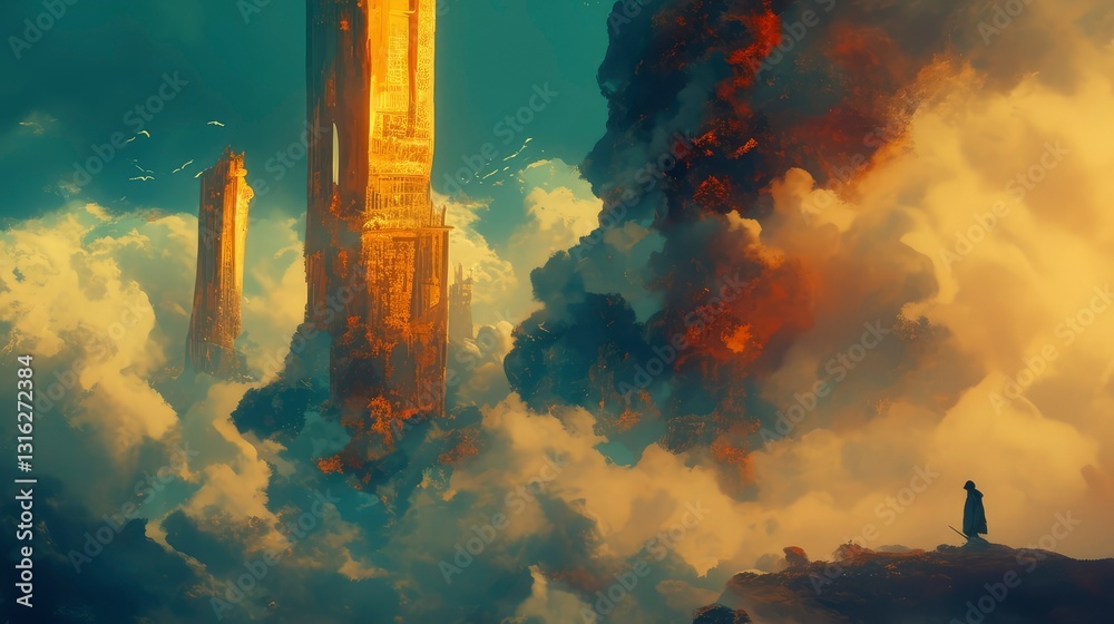 Fototapeta premium Solitary Figure Contemplating Celestial Towers Amidst a Dramatic Cloudscape