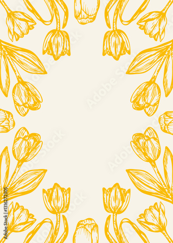 Tulip flowers frame sketch outline illustration banner background. Tulip flower spring botanical doodle drawing in engraving style. Hand drawn vector line art clipart