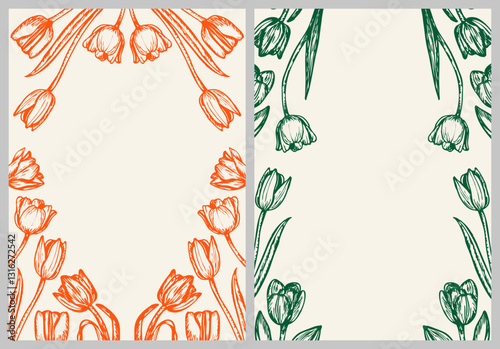 Tulip flowers frame sketch outline illustration banner background set. Tulip flower spring botanical doodle drawing in engraving style. Hand drawn vector line art clipart