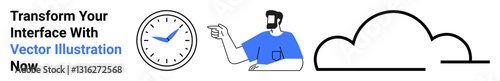 Man in blue shirt pointing at clock indicating time, aligned with a minimal cloud sketch and text. Ideal for productivity, time management, modern tech, interface design, cloud computing, workflow