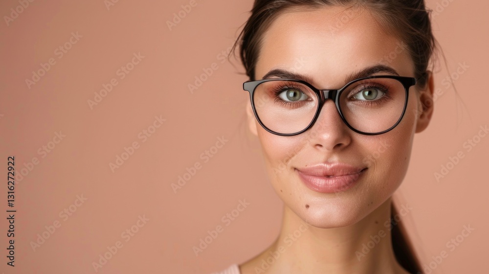 Fototapeta premium The image shows a young adult wearing glasses, with fair skin, smiling at the camera, against a solid light background.